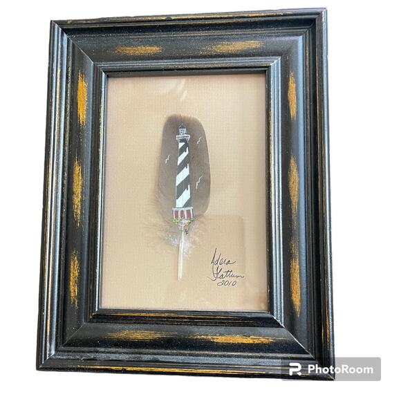 Hand Painted Cape Hatteras Light House Barnyard Goose Feather Framed Art - Picture 1 of 4